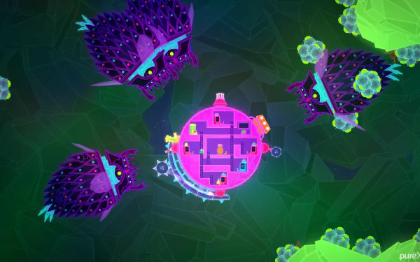 HD desktop wallpaper from Lovers in a Dangerous Spacetime, showing a pink spaceship navigating past purple space creatures.