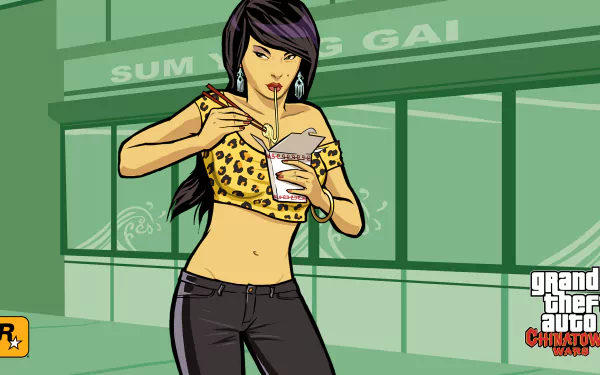 HD PC desktop wallpaper of Grand Theft Auto: Chinatown Wars — stylized female character eating takeout in front of a green storefront, game logo in the corner.