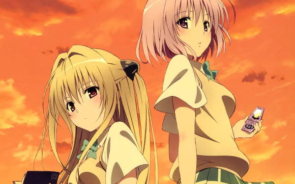 Anime characters Golden Darkness and Momo Velia Deviluke are featured in this HD wallpaper, standing together against a vibrant sunset, showcasing their distinct hair colors and school uniforms.