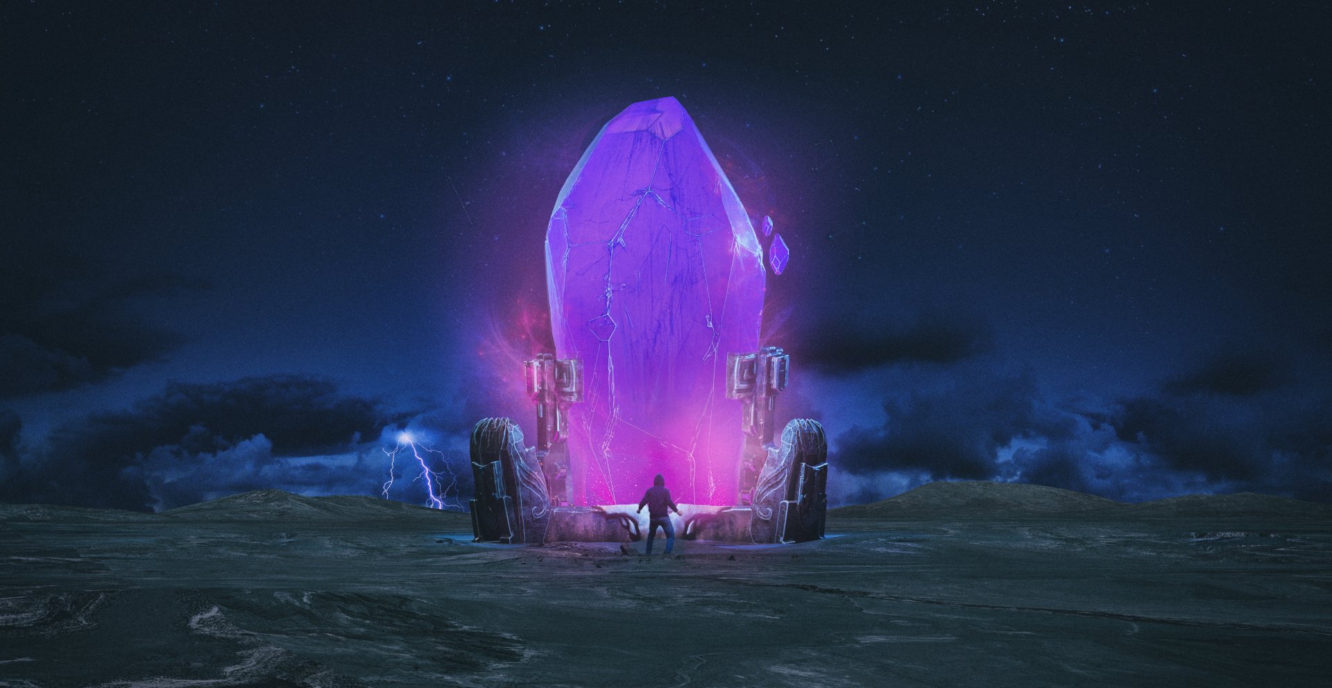 A stunning HD wallpaper from League of Legends, featuring a mystical glowing purple crystal surrounded by dark, atmospheric clouds, creating an immersive gaming ambiance.