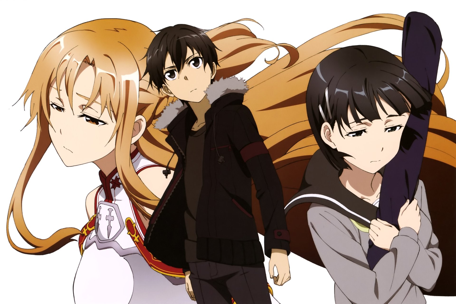 A vibrant 4K Ultra HD wallpaper featuring Leafa, Asuna Yuuki, and Kirito from Sword Art Online, showcasing the trio in a dynamic anime style against a clean background.