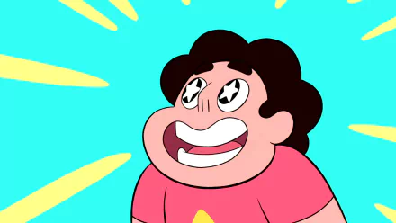 A vibrant HD wallpaper featuring Steven from the TV show Steven Universe, radiating excitement with starry eyes against a bright blue background.