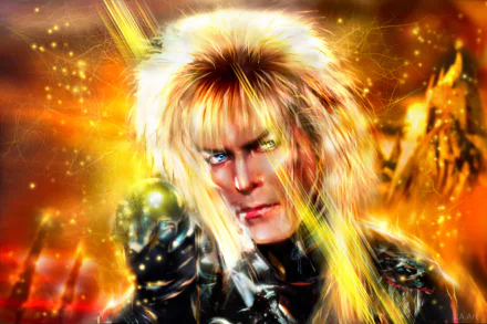 2K Quad HD desktop wallpaper of the Goblin King (Labyrinth): platinum mane, piercing eyes, black leather costume and jeweled scepter amid a glowing golden, starry backdrop.