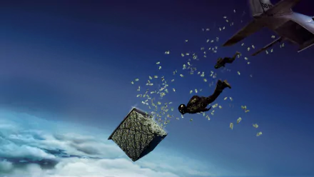 Point Break (2015) 4K Ultra HD PC desktop wallpaper: two skydivers in black suits leap from a jet as bills and a textured cube scatter through a deep blue sky above clouds.
