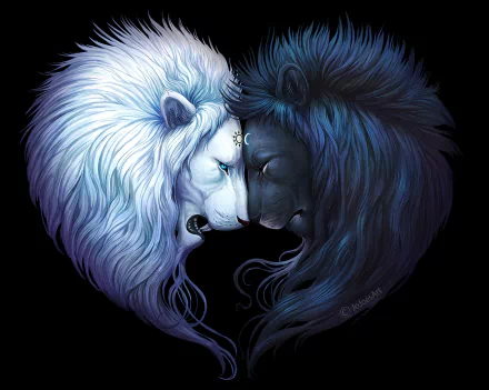 A captivating fantasy HD wallpaper featuring two lions, one white and one black, facing each other with their manes intertwining, set against a dark background.