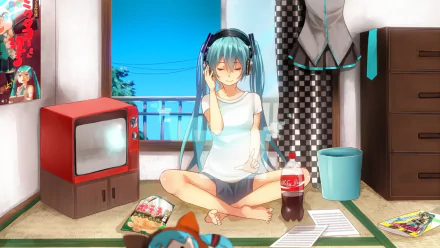 Hatsune Miku with blue twintails and headphones listens to music while sitting on the floor in shorts, a Coca Cola bottle nearby, in a cozy room with anime posters and Vocaloid decorations.
