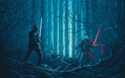HD Star Wars Episode VII wallpaper featuring Jedi Finn and Sith Kylo Ren dueling with lightsabers in a dark, mysterious forest setting.