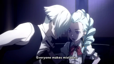 HD wallpaper featuring Decim with white hair and Nona with aqua braided hair and purple eyes from Death Parade, both wearing earrings.