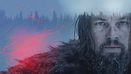 HD wallpaper featuring Leonardo DiCaprio in a dramatic scene from the movie The Revenant, capturing the intensity of his character against a snowy backdrop.