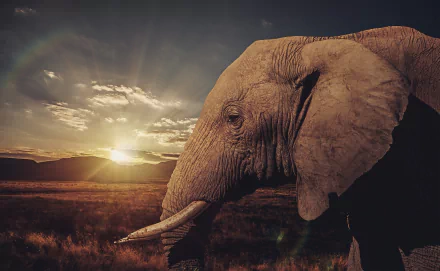 A majestic African bush elephant stands in silhouette against a stunning sunset over the savannah, captured in HD for a striking desktop wallpaper and background.