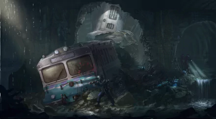 A post-apocalyptic scene featuring a soldier robot navigating a dark tunnel with a derelict train. The HD wallpaper captures a haunting Sci-Fi atmosphere filled with debris and shadows.