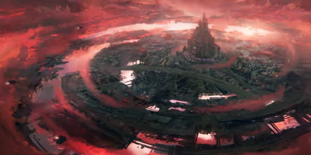 Futuristic cityscape featuring towering skyscrapers amidst swirling clouds, enveloped in a dramatic red hue, creating a captivating sci-fi atmosphere. HD desktop wallpaper.