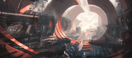 A futuristic cityscape featuring a bustling spaceport with advanced spaceships and intricate structures, set against a vibrant sci-fi backdrop. HD desktop wallpaper and background.