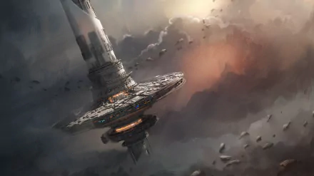 A futuristic space station hovers amid swirling clouds and asteroid debris, set against a dramatic cosmic backdrop, creating a captivating sci-fi scene.