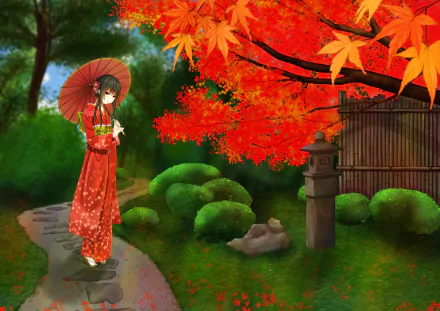 Anime-style geisha with black hair and brown eyes in traditional Japanese clothes, holding a red umbrella amid vibrant autumn leaves and trees in a 4K Ultra HD fall scene.