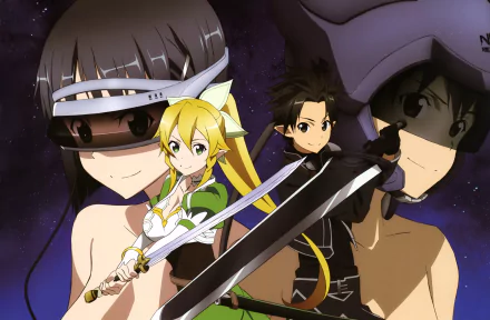 Kirito and Leafa from Sword Art Online feature prominently in this vibrant 4K Ultra HD anime wallpaper, showcasing their iconic looks and weapons against a cosmic background.