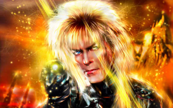 2K Quad HD desktop wallpaper of the Goblin King (Labyrinth): platinum mane, piercing eyes, black leather costume and jeweled scepter amid a glowing golden, starry backdrop.