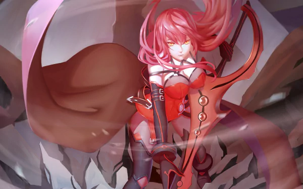 HD desktop wallpaper featuring Elesis from the video game Elsword, showcasing her fierce pose and striking red armor against a dynamic background.