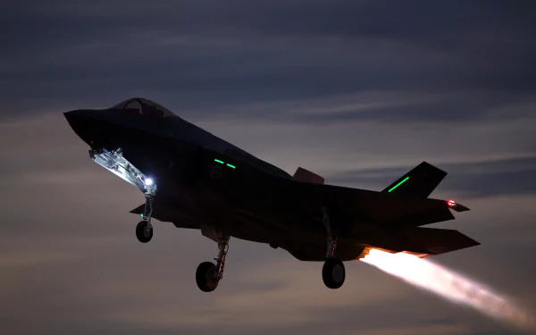 Lockheed Martin F-35 Lightning II warplane captured in flight at dusk, detailed in 4K Ultra HD for a striking military aircraft desktop wallpaper.