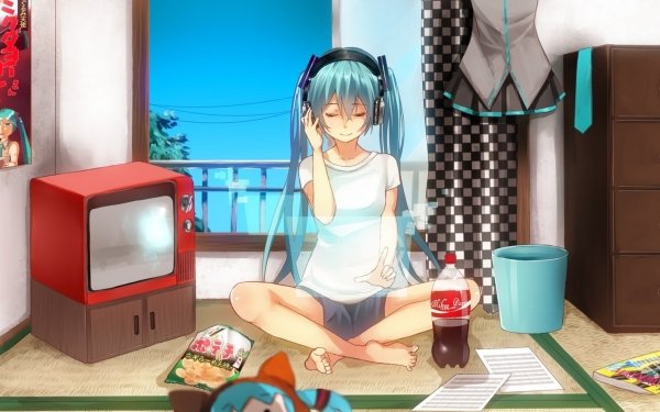 Anime Vocaloid Hatsune Miku Twintails Blue Hair Long Hair Blue Eyes Headphones Coca Cola Poster Shorts HD Wallpaper | Background Image