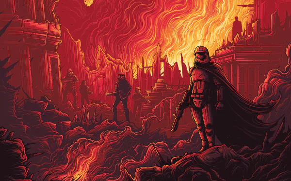 A striking HD wallpaper featuring Captain Phasma and stormtroopers in a fiery, ruined landscape, inspired by Star Wars Episode VII: The Force Awakens. Dramatic and intense imagery.