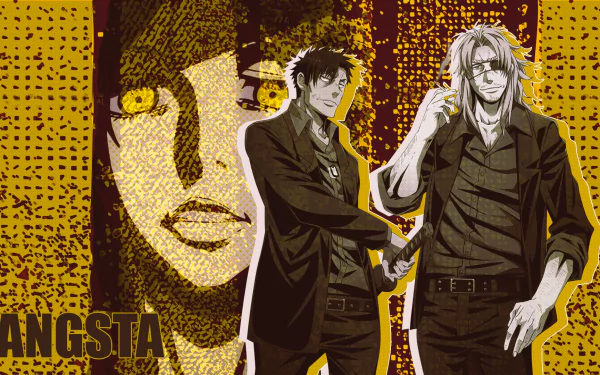 HD desktop wallpaper featuring two animated gangster characters with a stylized yellow and red background and the word GANGSTA.