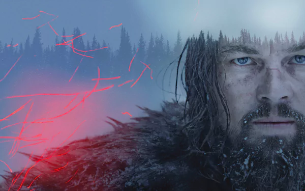 HD wallpaper featuring Leonardo DiCaprio in a dramatic scene from the movie The Revenant, capturing the intensity of his character against a snowy backdrop.