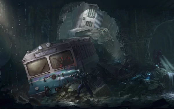 A post-apocalyptic scene featuring a soldier robot navigating a dark tunnel with a derelict train. The HD wallpaper captures a haunting Sci-Fi atmosphere filled with debris and shadows.