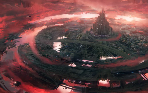 Futuristic cityscape featuring towering skyscrapers amidst swirling clouds, enveloped in a dramatic red hue, creating a captivating sci-fi atmosphere. HD desktop wallpaper.