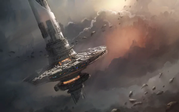 A futuristic space station hovers amid swirling clouds and asteroid debris, set against a dramatic cosmic backdrop, creating a captivating sci-fi scene.