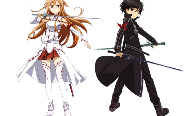 Kirito and Asuna from Sword Art Online stand ready with swords in this 4K Ultra HD anime desktop wallpaper and background.