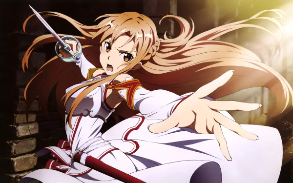 HD desktop wallpaper featuring Asuna Yuuki from the anime Sword Art Online, in an action pose with her sword drawn, ready for battle.