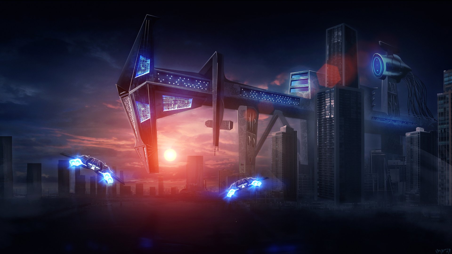 A futuristic city skyline at sunset featuring sleek skyscrapers and sci-fi elements, complete with hovering vehicles, creating a captivating high-definition atmosphere.