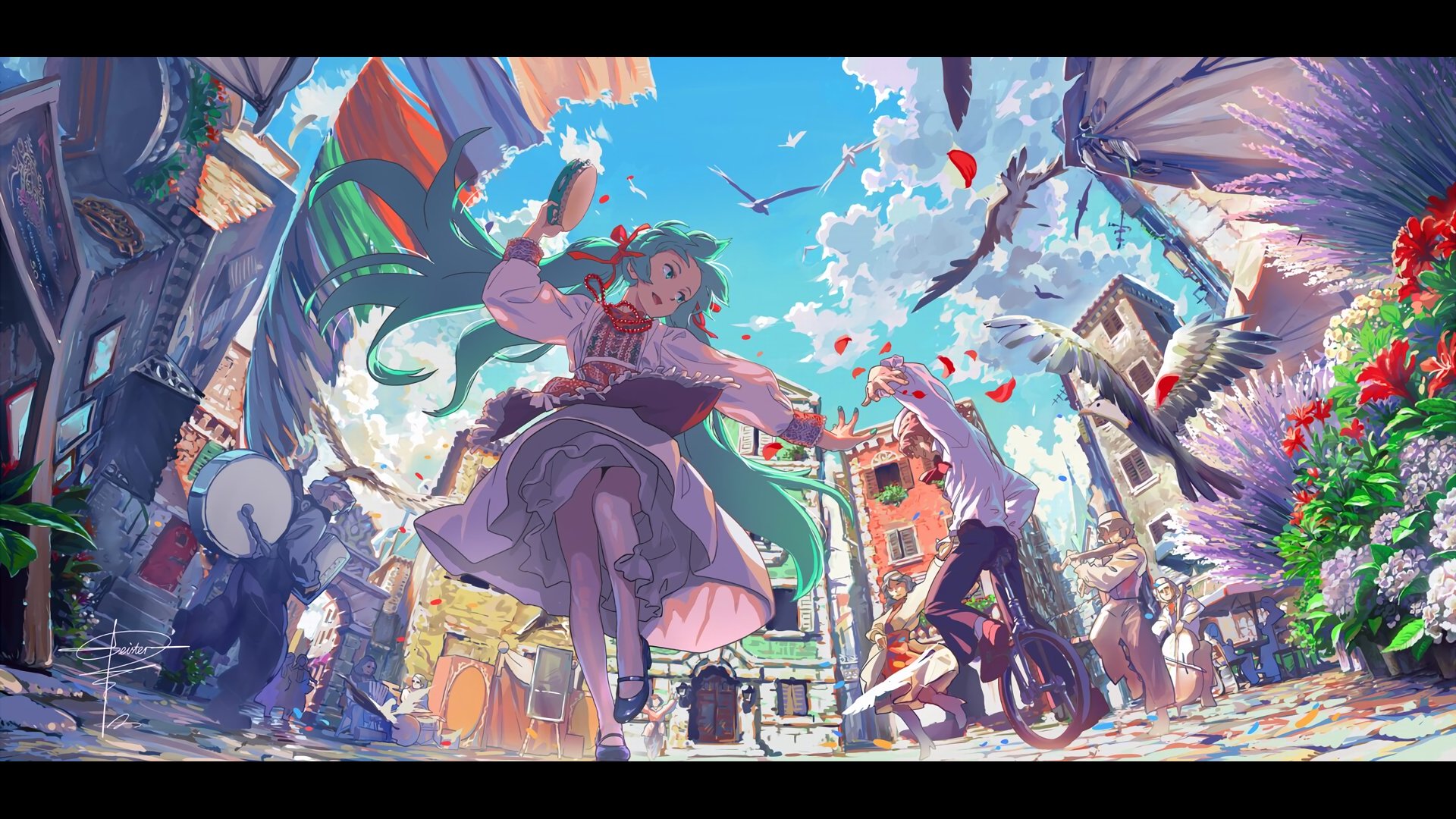 A vibrant HD wallpaper featuring Hatsune Miku in an anime-inspired scene, surrounded by colorful streets, flowers, and dynamic characters, capturing the essence of Vocaloid.