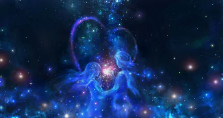 Fantasy love: two ethereal blue figures in a star-filled nebula form a glowing heart around a bright core, 2K Quad HD PC desktop wallpaper/background.
