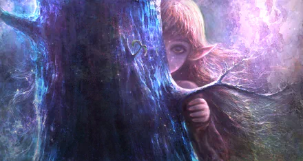A mystical elf peeks from behind a shimmering tree, set against a vibrant, ethereal background, creating a captivating fantasy-themed HD desktop wallpaper.
