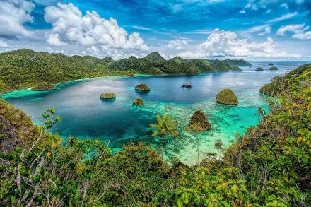 A vibrant HD desktop wallpaper of Ha Long Bay, Vietnam, featuring turquoise waters, lush palm trees, rocky islands, and boats under a bright blue sky.