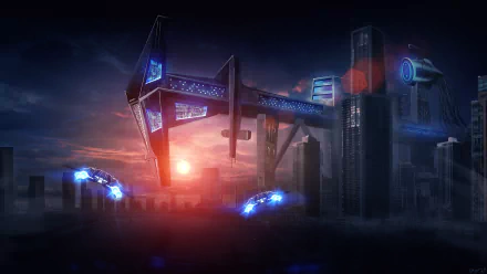 A futuristic city skyline at sunset featuring sleek skyscrapers and sci-fi elements, complete with hovering vehicles, creating a captivating high-definition atmosphere.