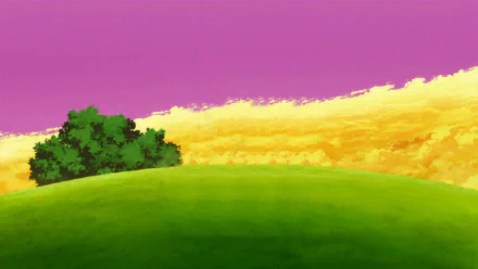 HD PC desktop wallpaper featuring a vibrant Dragon Ball Z anime landscape with a green hill, lush tree, golden field, and a striking pink sky.