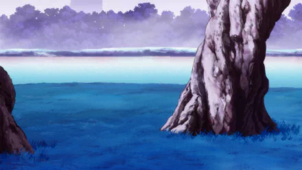 HD Anime wallpaper from Dragon Ball Super featuring a serene landscape with vibrant blue grass and a large textured tree trunk in the foreground.
