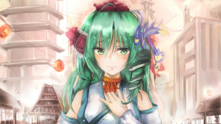 Hina Kagiyama from Touhou with long green hair and green eyes, wearing Japanese clothes and a snake accessory, stands blushing in front of a building in this HD anime wallpaper.