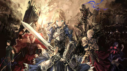 A high-definition desktop wallpaper of Fate/Zero featuring various anime characters in an intense, action-packed scene.