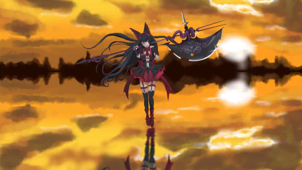 An HD desktop wallpaper featuring an anime character standing against a golden sky with a weapon, tagged with Anime and Gate.