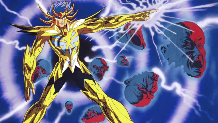 HD anime desktop wallpaper featuring Cancer Deathmask from Saint Seiya, showcasing dynamic energy and multiple eerie blue and red floating faces.
