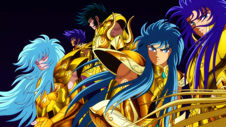 Five iconic Gold Saints from the Gemini Saga of Saint Seiya stand in impressive golden armor. Featuring Aquarius Camus, Capricorn Shura, Cancer Deathmask, and Pisces Aphrodite in a dynamic scene.