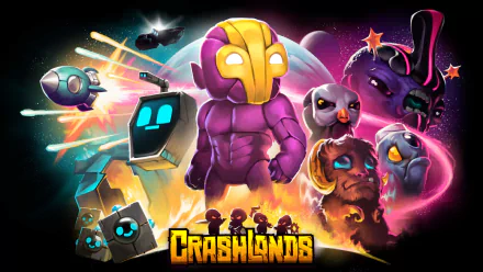 HD desktop wallpaper featuring colorful characters and elements from the game Crashlands.