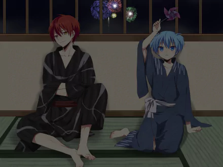 Two characters from *Assassination Classroom*, Karma Akabane with red hair and Nagisa Shiota with aqua hair, relax in kimonos under fireworks, creating a vibrant, festive atmosphere.