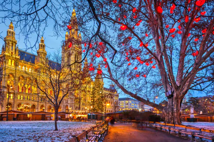 Autumn evening light illuminates Vienna City Hall framed by leafless trees with red berries in a city park, captured in 4K Ultra HD quality.