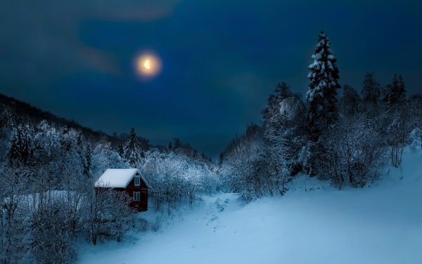 Photography Winter Landscape Moon Blue Night Snow House Forest HD Wallpaper | Background Image
