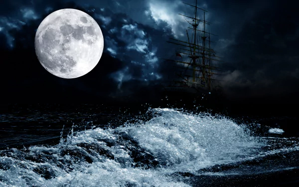 4K Ultra HD desktop wallpaper featuring a bright full moon over turbulent ocean waves with a faint silhouette of a sailing ship against a dark, cloudy night sky.